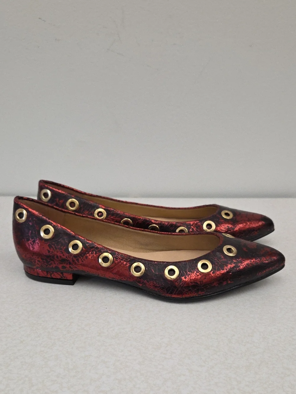 French Sole NY Red Metallic Gold Grommet Ballet Flats, 6B